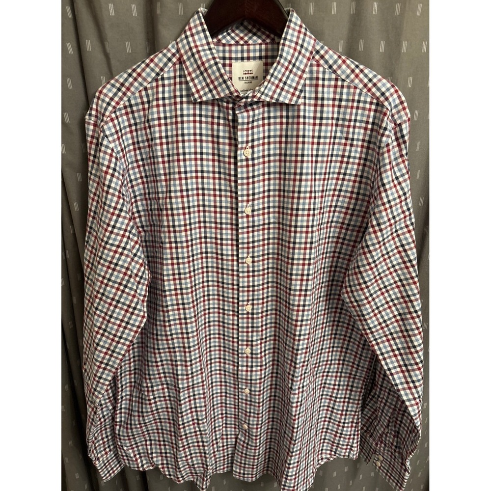 Ben Sherman Tailoring Mens Slim Fit Check Button Down Shirt Red Blue 16.5 34-35